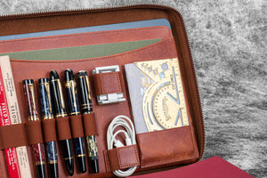 Leather Compendium Bag - A4 Zippered Folio Organizer - Aged Copper