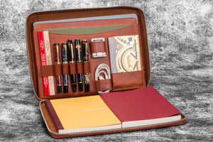 Leather Compendium Bag - A4 Zippered Folio Organizer - Aged Copper