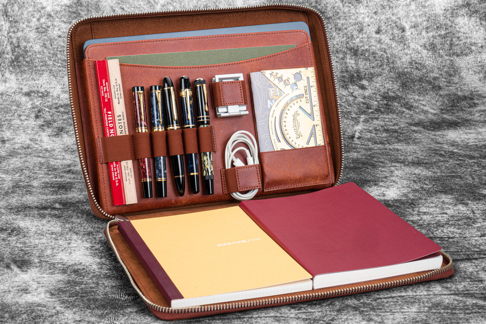 Leather Compendium Bag - A4 Zippered Folio Organizer - Aged Copper