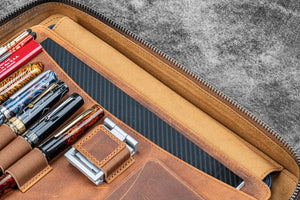 Leather Compendium Bag - A4 Zippered Folio Organizer - Crazy Horse Brown