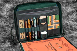 Leather Compendium Bag - A4 Zippered Folio Organizer - Crazy Horse Forest Green