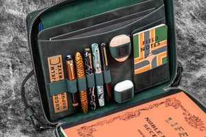 Leather Compendium Bag - A4 Zippered Folio Organizer - Crazy Horse Forest Green