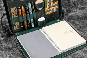 Leather Compendium Bag - A4 Zippered Folio Organizer - Crazy Horse Forest Green