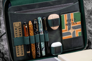 Leather Compendium Bag - A4 Zippered Folio Organizer - Crazy Horse Forest Green