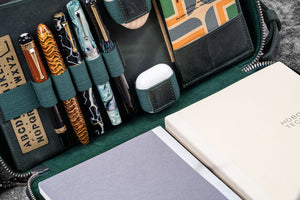 Leather Compendium Bag - A4 Zippered Folio Organizer - Crazy Horse Forest Green
