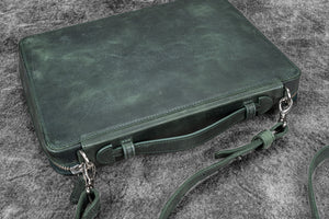 Leather Compendium Bag - A4 Zippered Folio Organizer - Crazy Horse Forest Green
