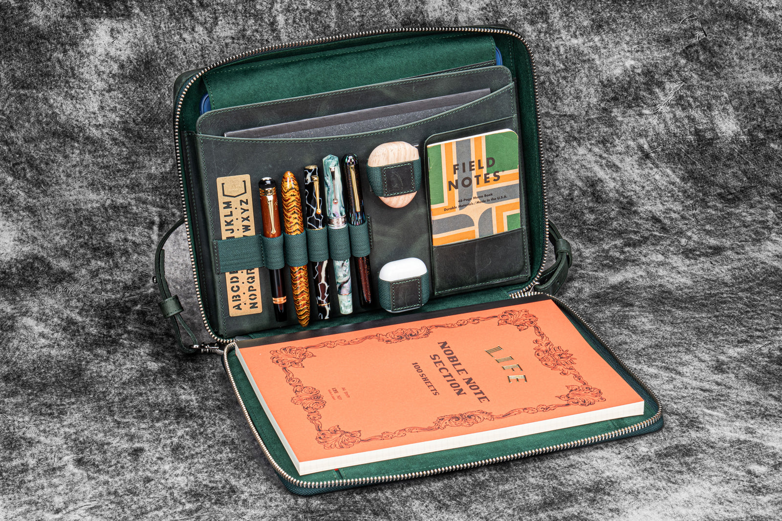 Leather Compendium Bag - A4 Zippered Folio Organizer - Crazy Horse Forest Green