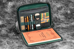 Leather Compendium Bag - A4 Zippered Folio Organizer - Crazy Horse Forest Green