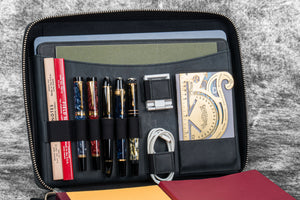 Leather Compendium Bag - A4 Zippered Folio Organizer - Crazy Horse Graphite