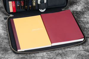 Leather Compendium Bag - A4 Zippered Folio Organizer - Crazy Horse Graphite