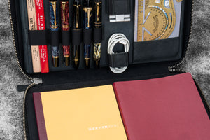 Leather Compendium Bag - A4 Zippered Folio Organizer - Crazy Horse Graphite