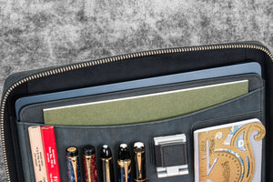 Leather Compendium Bag - A4 Zippered Folio Organizer - Crazy Horse Graphite