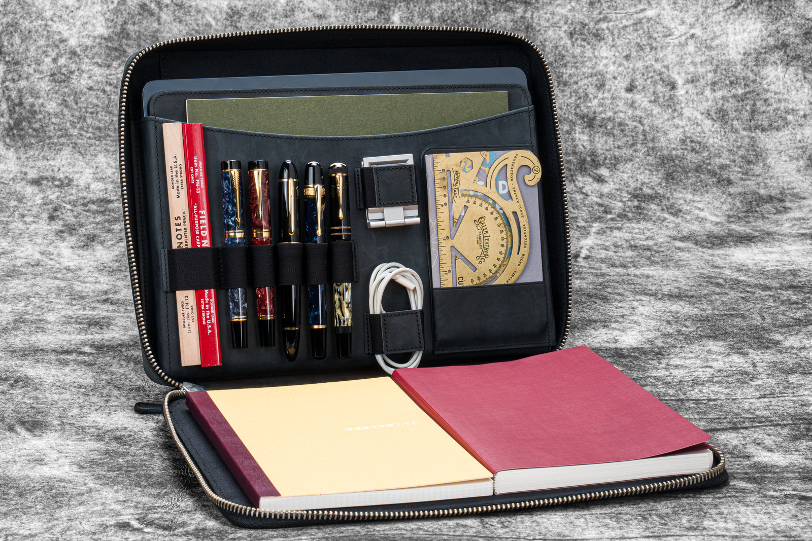 Leather Compendium Bag - A4 Zippered Folio Organizer - Crazy Horse Graphite