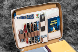 Leather Compendium Bag - A4 Zippered Folio Organizer - Undyed Leather