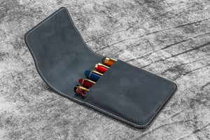 Leather Flap Pen Case for Five Pens - Crazy Horse Graphite
