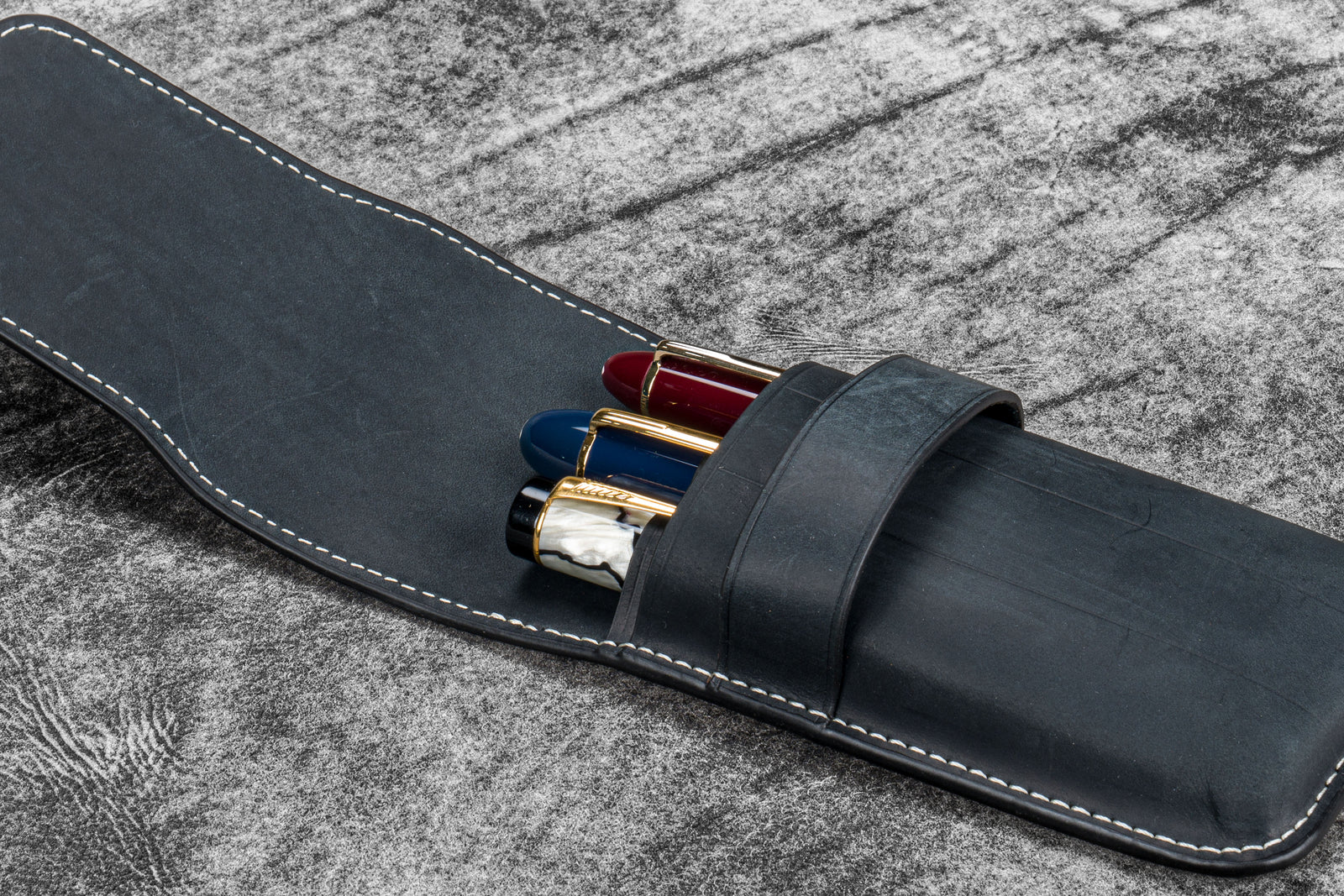 Leather Flap Pen Case for Three Pens - Crazy Horse Graphite