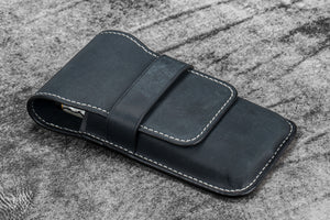 Leather Flap Pen Case for Three Pens - Crazy Horse Graphite