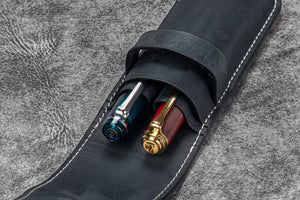 Leather Flap Pen Case for Two Pens - Crazy Horse Graphite