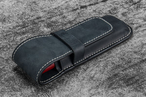 Leather Flap Pen Case for Two Pens - Crazy Horse Graphite