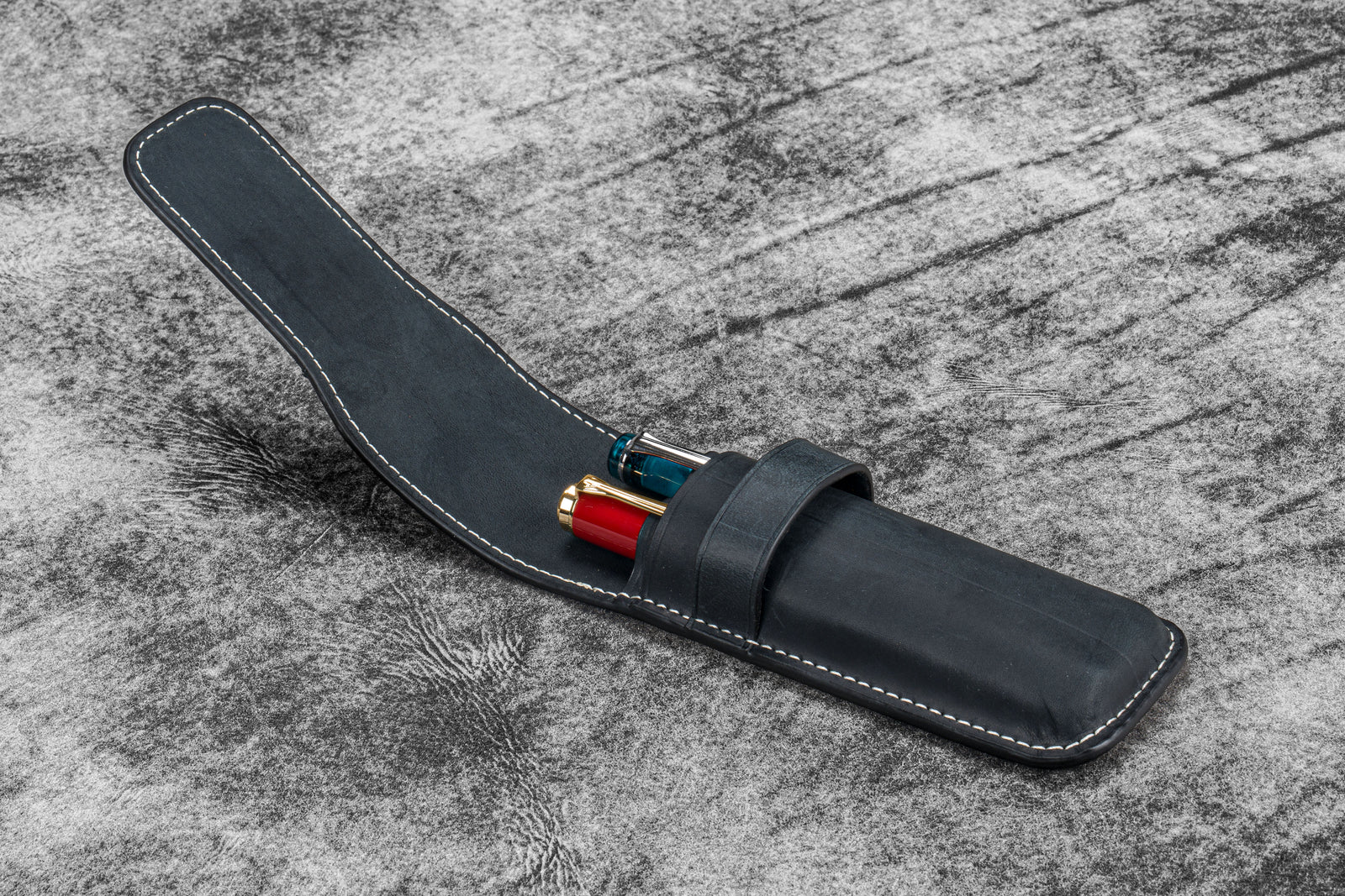 Leather Flap Pen Case for Two Pens - Crazy Horse Graphite