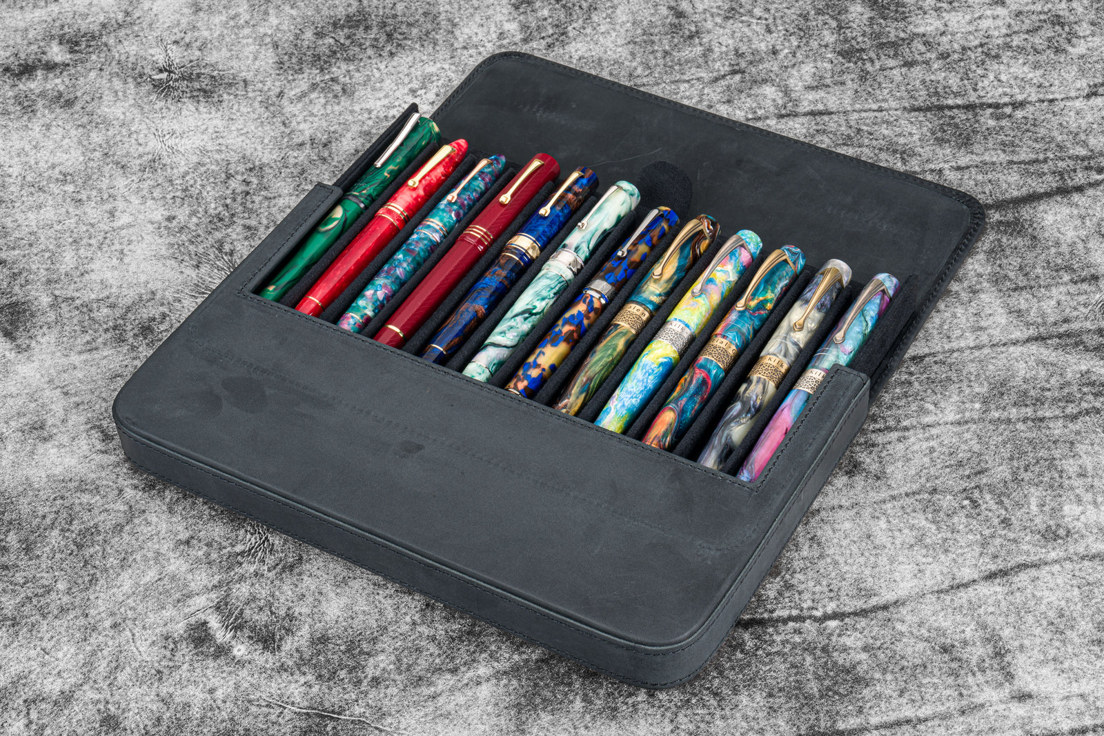 Leather Magnum Opus 12 Slots Hard Pen Case with Removable Pen Tray - Crazy Horse Graphite