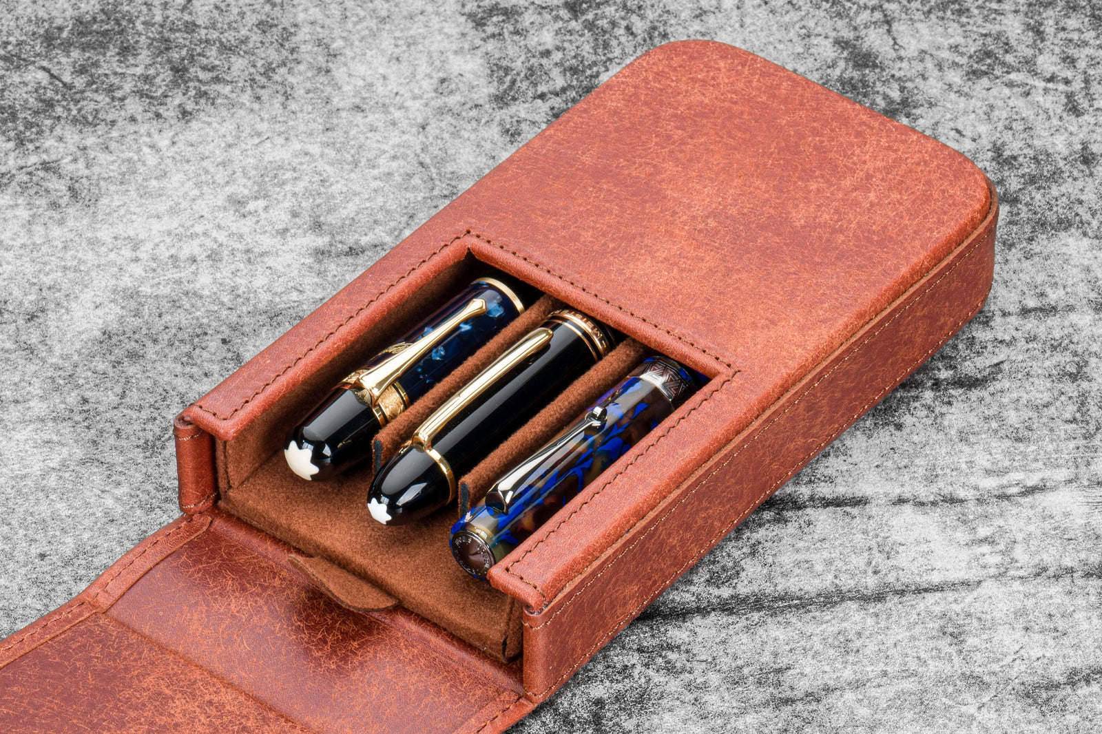 Leather Magnum Opus 3 Slots Hard Pen Case with Removable Pen Tray - Aged Copper