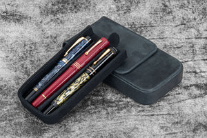 Leather Magnum Opus 3 Slots Hard Pen Case with Removable Pen Tray - Crazy Horse Graphite
