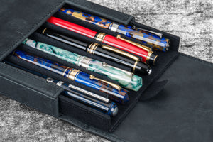 Leather Magnum Opus 6 Slots Hard Pen Case with Removable Pen Tray - Crazy Horse Graphite