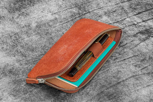 Leather Slip-N-Zip 4 Slots Zippered Pen Pouch - Aged Copper