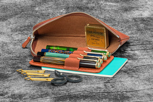 Leather Slip-N-Zip 4 Slots Zippered Pen Pouch - Aged Copper