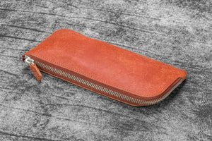Leather Slip-N-Zip 4 Slots Zippered Pen Pouch - Aged Copper