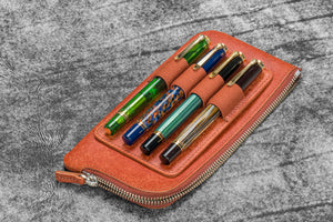 Leather Slip-N-Zip 4 Slots Zippered Pen Pouch - Aged Copper