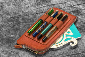 Leather Slip-N-Zip 4 Slots Zippered Pen Pouch - Aged Copper