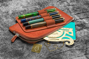 Leather Slip-N-Zip 4 Slots Zippered Pen Pouch - Aged Copper