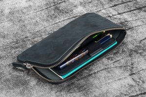 Leather Slip-N-Zip 4 Slots Zippered Pen Pouch - Crazy Horse Graphite