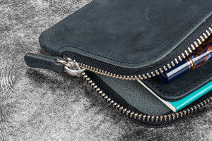 Leather Slip-N-Zip 4 Slots Zippered Pen Pouch - Crazy Horse Graphite
