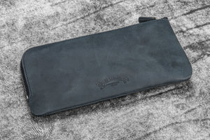 Leather Slip-N-Zip 4 Slots Zippered Pen Pouch - Crazy Horse Graphite