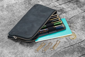Leather Slip-N-Zip 4 Slots Zippered Pen Pouch - Crazy Horse Graphite