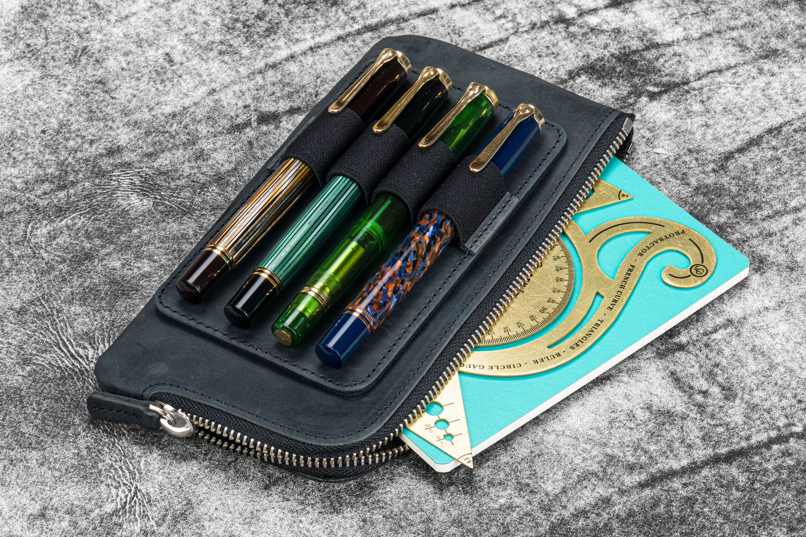 Leather Slip-N-Zip 4 Slots Zippered Pen Pouch - Crazy Horse Graphite