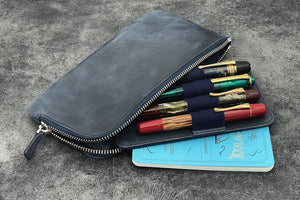 Leather Slip-N-Zip 4 Slots Zippered Pen Pouch - Crazy Horse Navy Blue