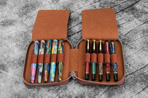 Leather Zippered 10 Slots Pen Case - Aged Copper