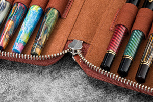 Leather Zippered 10 Slots Pen Case - Aged Copper