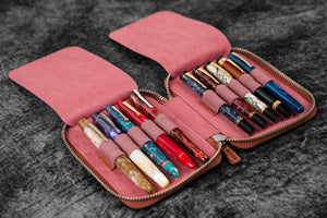 Leather Zippered 10 Slots Pen Case - C.H. Orange