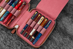 Leather Zippered 10 Slots Pen Case - C.H. Orange