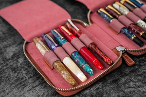 Leather Zippered 10 Slots Pen Case - C.H. Orange