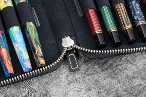 Leather Zippered 10 Slots Pen Case - Crazy Horse Graphite
