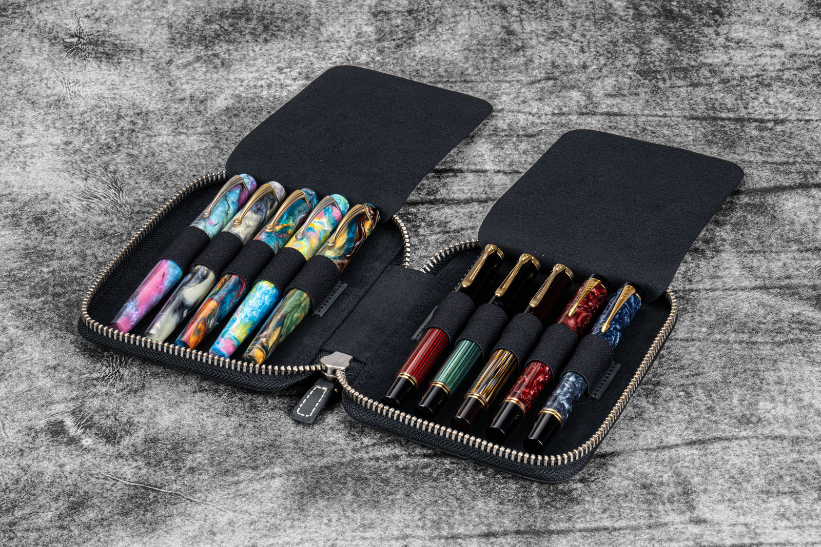 Leather Zippered 10 Slots Pen Case - Crazy Horse Graphite