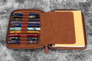 Leather Zippered 10 Slots Pen Case with A5 Notebook Holder - Aged Copper