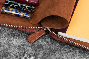 Leather Zippered 10 Slots Pen Case with A5 Notebook Holder - Aged Copper