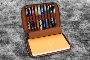 Leather Zippered 10 Slots Pen Case with A5 Notebook Holder - Aged Copper